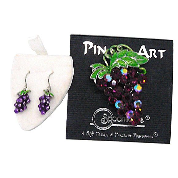 Spoonikins Pin Art Grape Brooch & Earrings Set Vintage-Inspired Jewelry Intricat - Picture 1 of 2
